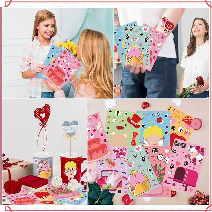 XZENTIRA 32 PCS Valentines Day DIY Stickers 8 Designs Holiday Stickers for DIY Valentines Day Crafts Party Gifts Galentines Decorations