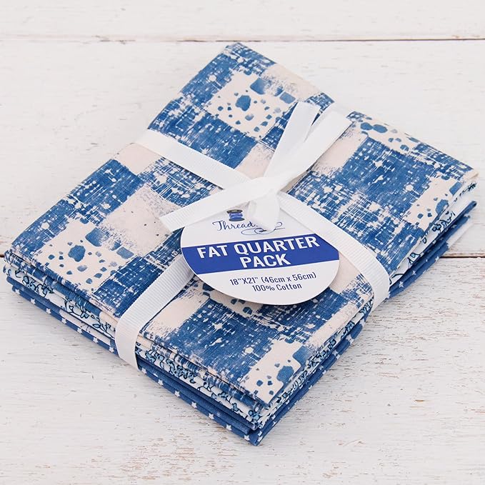 Threadart Exclusive 5 Fat Quarter Bundles - Denim Blue Vintage Prints 100% Cotton Fabric - Premium 100% Cotton Quilting Fabric - No Duplicates - Full Size Fat Quarters 18"x21" - Denim Blue