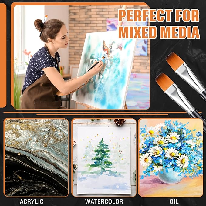 Zonon 10 Pcs 3/4 Inch Flat Paint Brushes Acrylic Painting Craft Accessories Small Watercolor Paint Brushes Bulk for Adult Artist Detail Oil Canvas Face(8.1 x 0.9 x 3/4 Inch,Black)