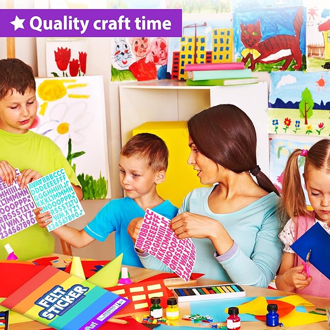 KRAFUN Felt Sticker Kit for Beginner Young Girls and Kids Arts & Crafts, Pack of 500+ Assorted Scrapbook Stickers Alphabets, Numbers, Fun Shapes, Preschool, Children Early Learning, self Adhesive