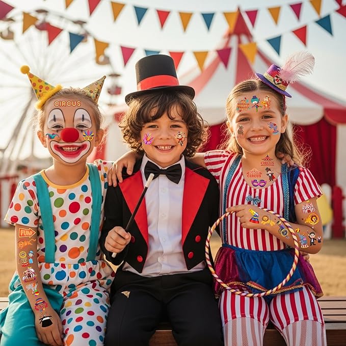 Circus Temporary Tattoos - Animal Clown Magical Circus Birthday Decorations Carnival Party Favors Supplies Gift Idea Holiday Festival For Boy Girls Carnival Party Decorations