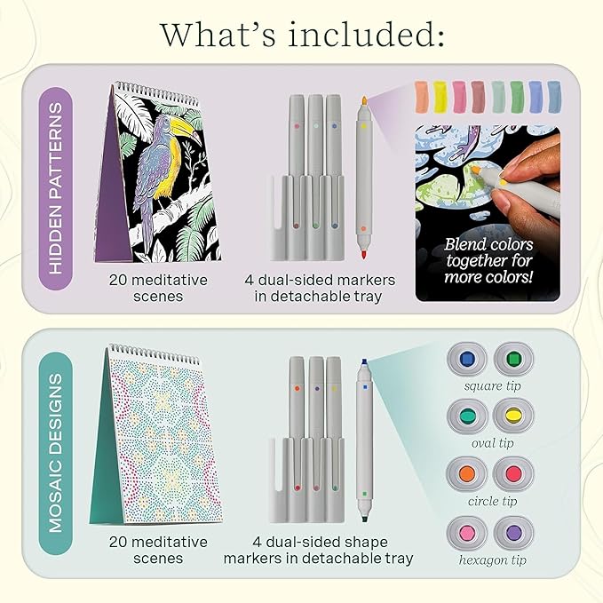 Lifelines FlowArt Activity Pad, 4-Pack - Guided Art Meditations with Markers - Color by Number/Letter, Dot Art and More Coloring Books for Teens, Adults & Seniors