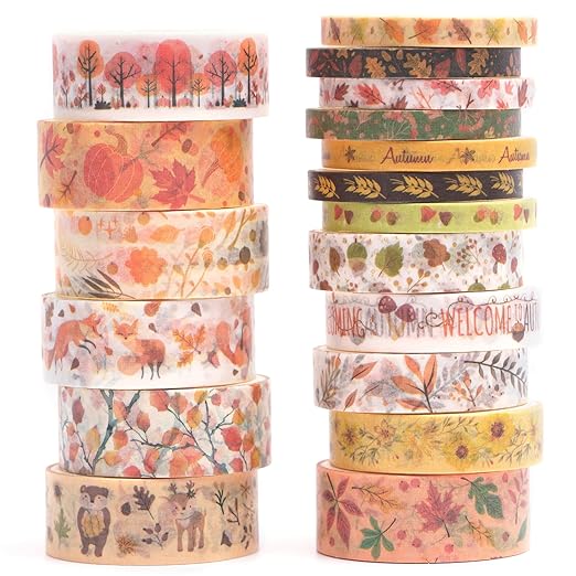 18 Rolls Seasons Flowers Washi Tape Set Floral Arts Adhesive Tapes Blooming Garden Decorative Masking Tape Sets for Craft, Kids, Scrapbook, DIY, Gift Wrapping (Autumn)