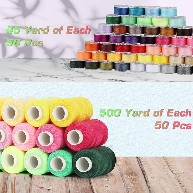 Blibly 100pcs Bobbins Sewing Threads Kit, 500 Yard Polyester Threads, Prewound Bobbins with Case, 50 Colors