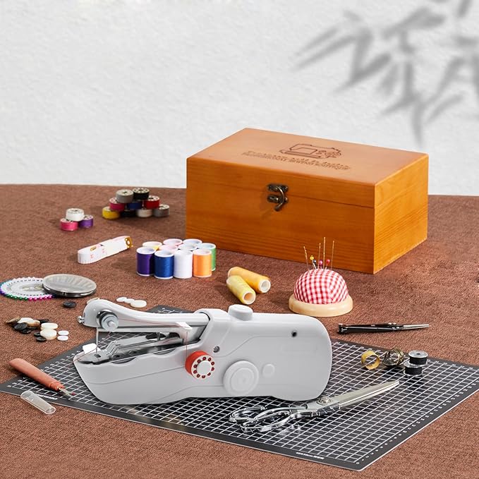 Handheld Sewing Machine with Exquisite Wooden Storage Box & 142-Piece Sewing Kit - Electric Switch, Dual Power Supply, Assorted Needles, Threads, Heavy Duty Scissors - Meets All Household Sewing Needs