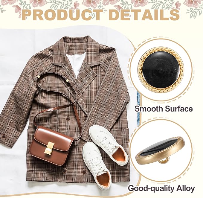 MECCANIXITY Metal Vintage Gold Button 20mm Round Metal Sewing Button Alloy Shank Replacement for Women's Suit Woolen Coat Shirt Dress Sewing Black Pack of 10