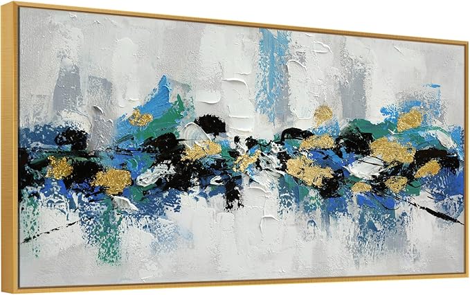 Large 100% Hand Painted Oil Painting 3D Texture Framed Canvas Wall Art White Black Blue Green Home Decor Abstract Gold Leaf Wall Painting for Living Room Bedroom Office 60x30in