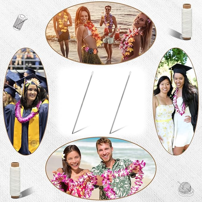 Juinte 4 Pieces Graduation Long Lei Making Needle Kit 12 Inch Large Eye Twine Sewing Needle Making Instructions for DIY Hawaiian Malay Upholstery Thailand Flowers Wreath Sewing Accessory