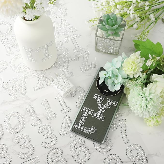 107 Pcs Pearl Rhinestone Self Adhesive Stickers 3 Sheets A-Z Glitter Letter Stickers and 1 Sheet 0-9 Number Stickers Bling Crystal Alphabet Sticker for DIY Crafts (White+White)