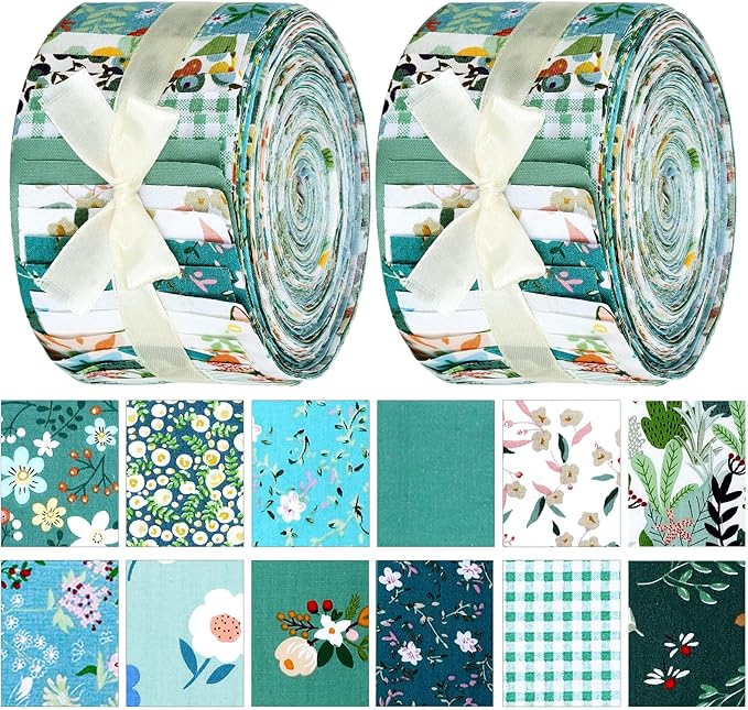 Ganeen 100 Pcs Green Floral Quilting Fabric Roll 2. 56 Inch Fabric Squares Jelly Patchwork Precut Strips Bundles for Holiday Materials Craft DIY Sewing Cloths