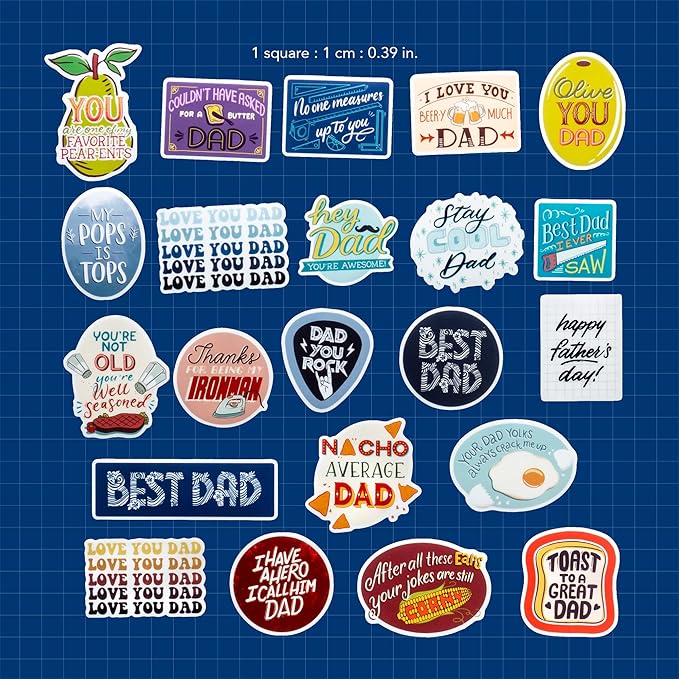 Navy Peony Witty Father's Day Stickers (22 Pieces) - Vibrant, Funny, Waterproof | Unique Dad Stickers for Crafts, Scrapbooks, Water Bottles