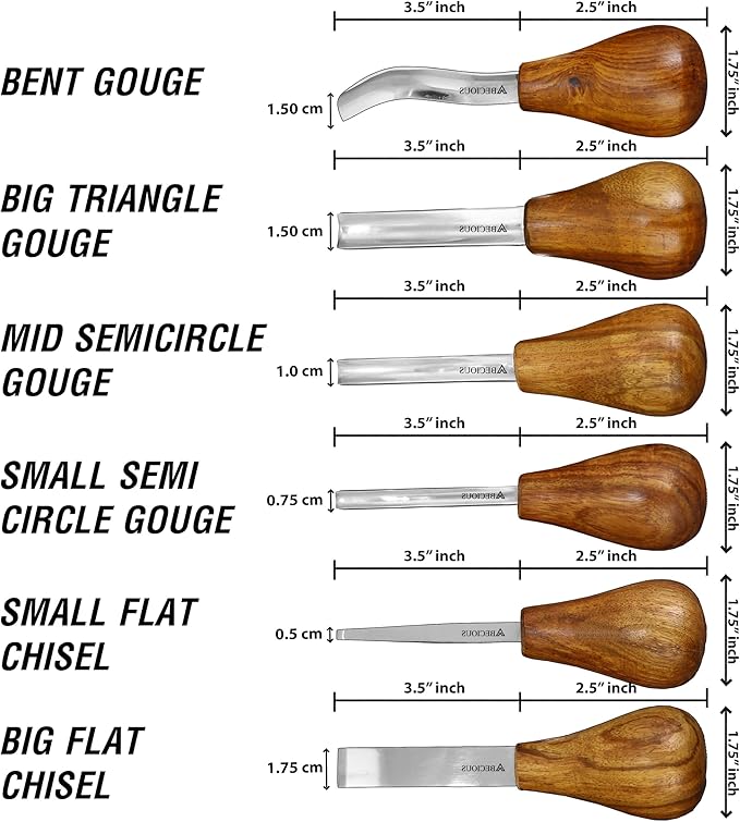 Premium Wood Carving Tools Set of 6 Pcs - Wood Carving Kit with Gloves for Woodcarving with Ash Handles Wood Carving set of Palm Gouges & Flat Chisels for Beginners to Whittling in Different Shapes
