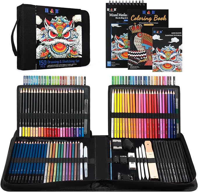 H & B 150PCS Drawing Pencils Set with Portable Zipper Bag – Professional Sketching & Art Supplies Kit with Sketchpad and Colored Pencils for Adults, Kids & Artists