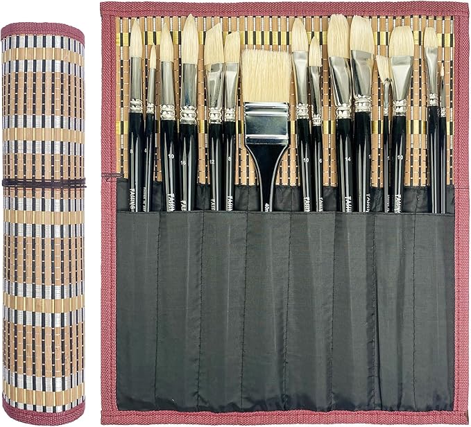 Falling in Art Natural Bristle Professional Paintbrush Set, 15PCS Long Handled Paint Brushes for Acrylic Painting, Oil Paint Brushes with Bamboo Storage Pouch