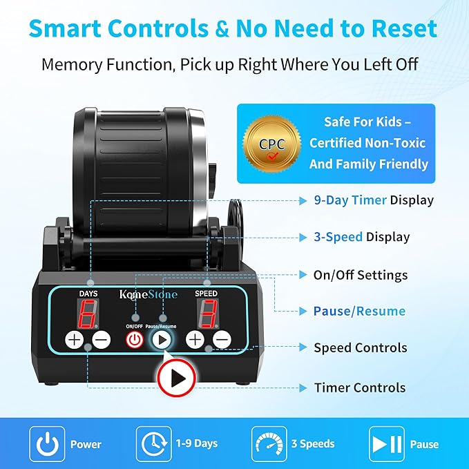 K1 Pro Professional Cutting-Edge Brushless Motor Advanced Rock Tumbler Polisher Kit, Large 2.5Lb Barrel with 3-Speed & 9-Day Timer, Includes All Accessories, Ideal Gift for Adults & Collectors