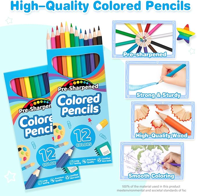 V-Opitos 288 Count Colored Pencils for Kids, 24 Pack Bulk Colored Pencils in 12 Colors, Pre-sharpened Coloring Pencils, Ideal School Supplies & Classroom Prizes, Kids Party Favor