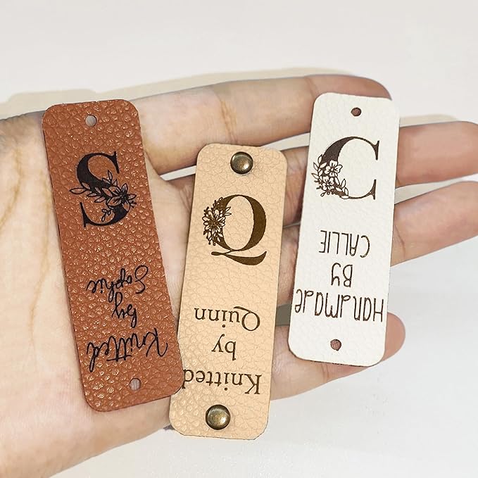 callie Personalized 10-100Pcs Leather Tags with Rivets - Custom Text & Initial, Handmade with Love Labels for Crochet Items, Gifts for Knitting Sewing Crafting Lovers