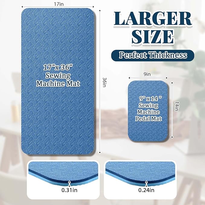 2 Pcs Sewing Machine Muffling Mat Pedal Sewing Mat Reduce Vibrations Noise No Slip Machine Accessories for Quilting(17'' X 36'' and 9'' X 14'',Blue)