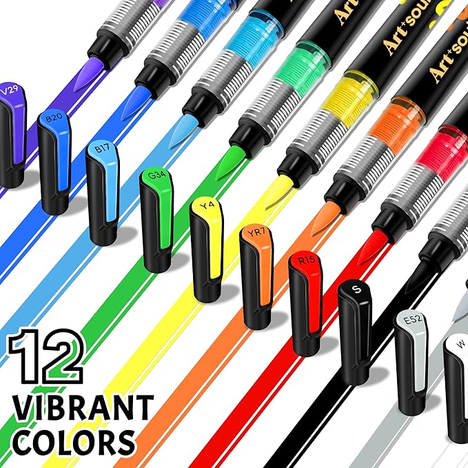Art+soul Acrylic Paint Markers, 12 Colors - Soft Brush Tip & Automatic Ink Control System, Big Volume Ink for Rock Painting, Paper, Wood, Stone, Canvas, Glass Surfaces, DIY Crafting & Art Supplies