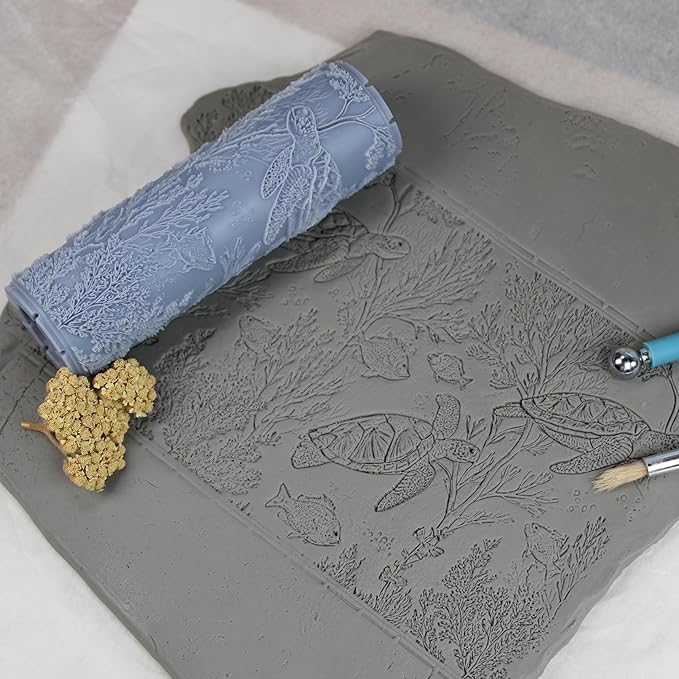 Coastal Turtle Garden Clay Texture Roller (4") - Seamless Ocean Set #01 - Embossing Pattern Roller for Polymer & Ceramic Clay, Pottery & Crafts