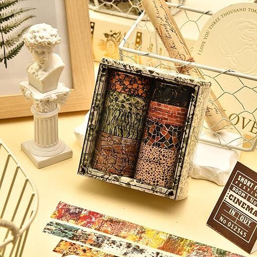 8 Rolls Retro Washi Tape Set Vintage Arts Adhesive Tapes Wide Painting Patterned Decorative Masking Tape Sets for Craft, Kids, Scrapbook, DIY, Gift Wrapping (Stone Texture)