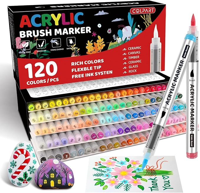 120 Colors Acrylic Paint Markers, Soft Brush Tip Paint Pens and Paint Markers, Acrylic Paint Pens for Wood, Halloween Decor,Stone, Canvas, Pumpkin,Egg, Rock Painting and DIY Crafts Art Supplies