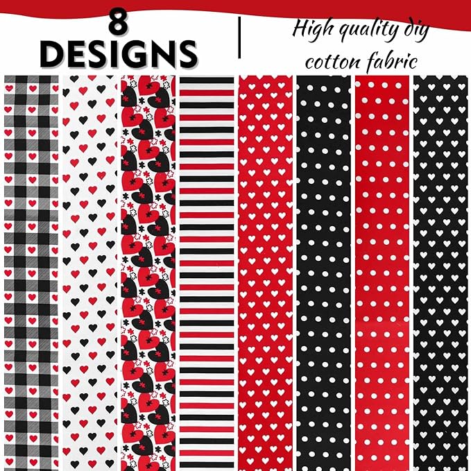 40 Pcs Red Black Love Heart Cotton Fabric Strips Polka Dots Stripes Plaid Mother's Day Fabric Bundles Strips for Quilting Crafting Precut Patchwork for Gift Sewing DIY Crafts