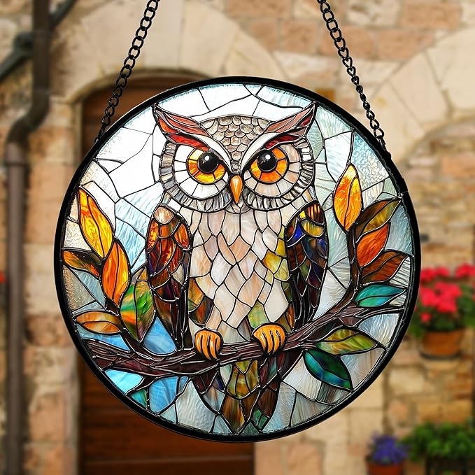 Stained Glass Window Hanging, Owl Colorful Leaves Birds Sun Catchers Diamond Glass Panel Hangings Suncatcher Decor for Birthday for Women, Men, Wife, Aunt, and Mom 7.8 in