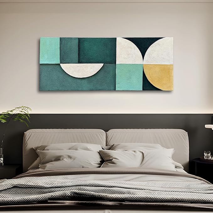 Art Hand-Painted Blue and Green Geometric Figure Abstract Oil Painting 24x60-inch Large Canvas Art Wall for Home and Office Wall Decoration
