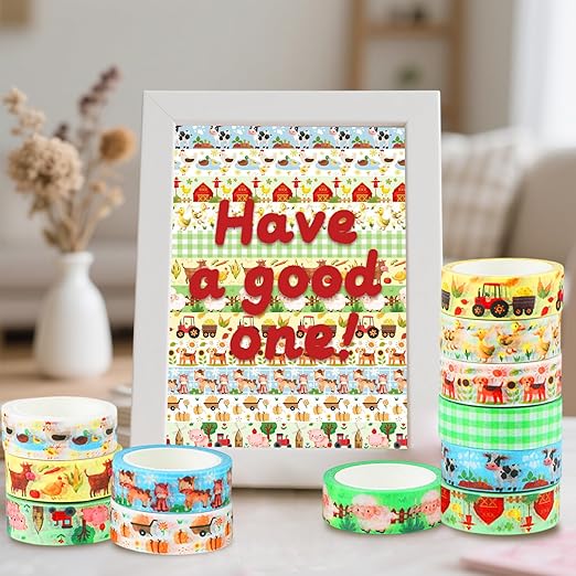 12 Rolls Farm Animals Washi Tape Set, Farmhouse Cow Sheep Pig Ducks Decorative Tapes, Fall Cute Cartoon Masking Tape for Journaling Scrapbook Journals Planners DIY Crafts Christmas Party Decor 16.4FT