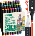 Alcohol Dual Tip Markers Set of 24 with No Bleed Ink, Bonus Case and Vibrant Fade-Resistant Colors, Art Supplies for Sketching, Manga, Drawing, Adult Coloring Books, Card Making (Fine & Chisel)