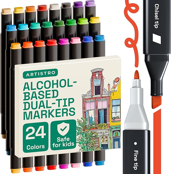 Alcohol Dual Tip Markers Set of 24 with No Bleed Ink, Bonus Case and Vibrant Fade-Resistant Colors, Art Supplies for Sketching, Manga, Drawing, Adult Coloring Books, Card Making (Fine & Chisel)