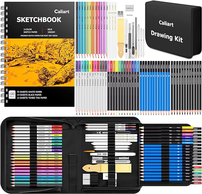 Caliart 176PCS Art Supplies Sketching Kit with 100 Sheets 3-Color Sketch Book, Graphite Colored Charcoal Watercolor & Metallic Pencils, Drawing Set Christmas Gifts for Adults Teens Girls Boys Kids