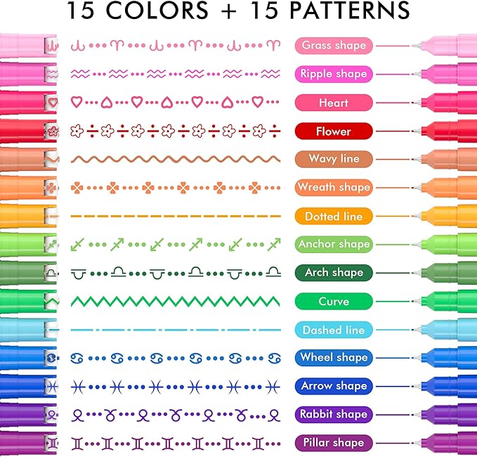 15 Colors Curve Highlighter Pens Set，15 Different Shapes Dual Tip Markers Cool Pens for Journal Planner Scrapbook Art Office School Supplies
