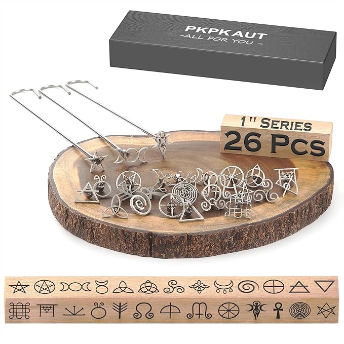 26Pcs Mini 1" Branding Irons, Wiccan Symbols Custom Wood Branding Iron Personalized for Wood Working, Leather Hats, Felt, Cowhide, BBQ Brander & Bread Logo, Steak Branding Iron for Food