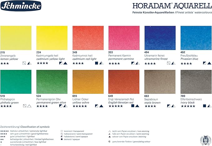 Schmincke - HORADAM AQUARELL color box with 12 finest watercolors, 74312097, metal box, painting set, 12 x 1/1 pans