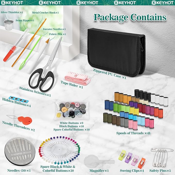 KEYHOT Sewing kit Basic,Needle and Thread Kit,Travel Small Sewing Machine Supplies for Adults Beginners Men, Home Travel Emergency Including Scissors Measure Tape Needle Threader (170pcs)