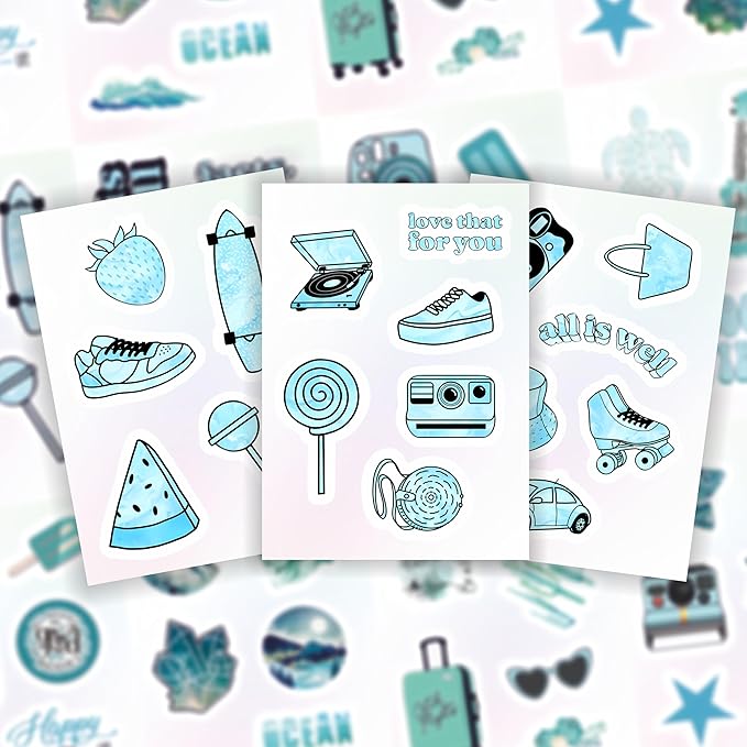 BulbaCraft 100Pcs Teal Stickers, Blue Stickers for Water Bottle and Laptop - Teal Party Supplies & Decorations, Waterproof Vinyl Decals, Gifts for Women & Men