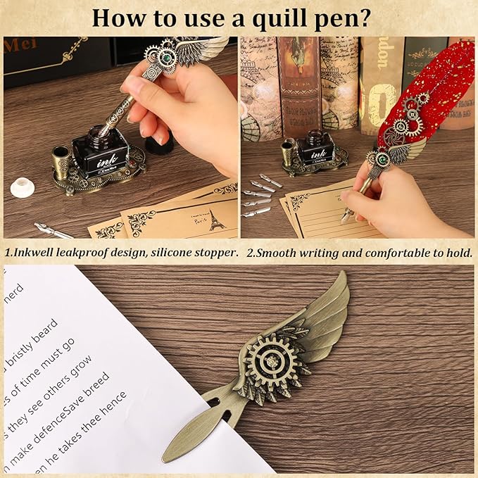 Quill Pen Ink Set with Wax Seal,Feather Quill Pen, a Collision of Punk and Retro Styles, both Calligraphy Pen Set and Wax Seal Stamp Kit, Suitable for Calligraphy Lovers of All Ages (Red)