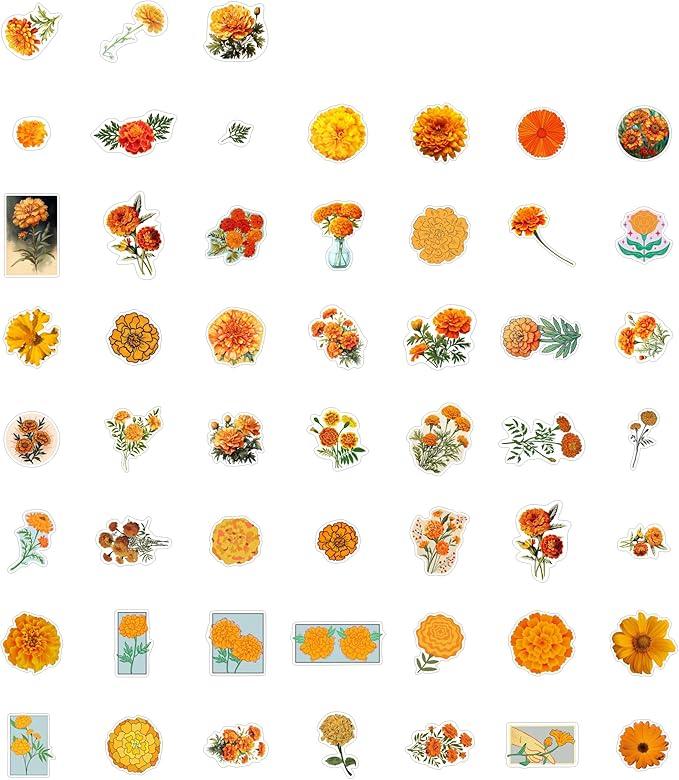 BulbaCraft Marigold Stickers for Water Bottle and Laptop - Floral Party Supplies, Decorations & Gifts, Waterproof Vinyl Decals, Gifts for Women & Men