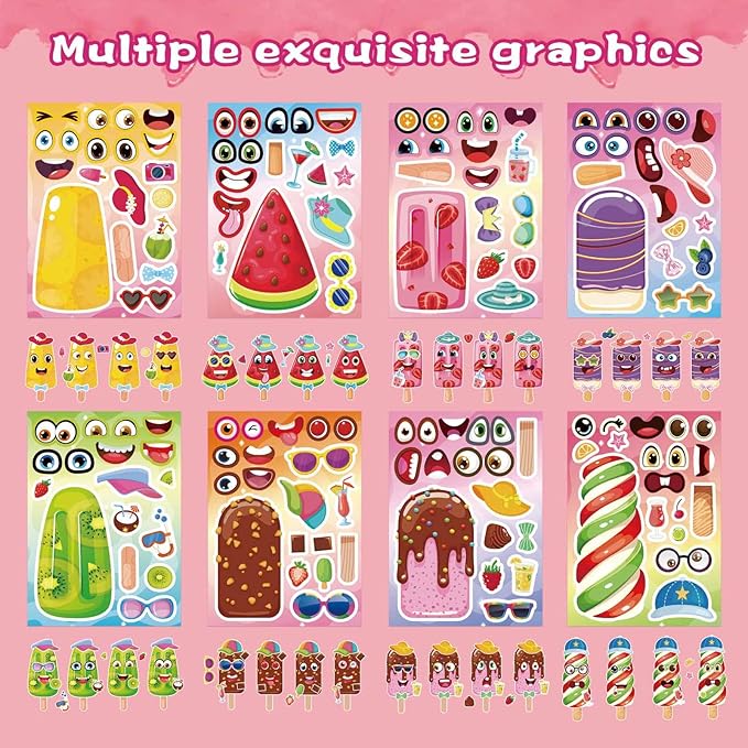24 Sheets Make Your Own Ice Cream Stickers for Kids Toddlers, Make a Face Sticker Mix and Match Watermelon, Chocolate, Kiwi, Strawberry Ice Cream Stickers for Kids Activities Supplies Crafts