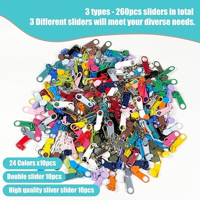 72 Yards 24 Colors #3 Nylon Coil Zipper by The Yard with 3 Styles 260pcs Pulls,Continuous Zipper Tape for DIY Sewing Crafts,Bag,Clothes,Purse and Other Sewing Supplies (24 Assorted Colors, #3)