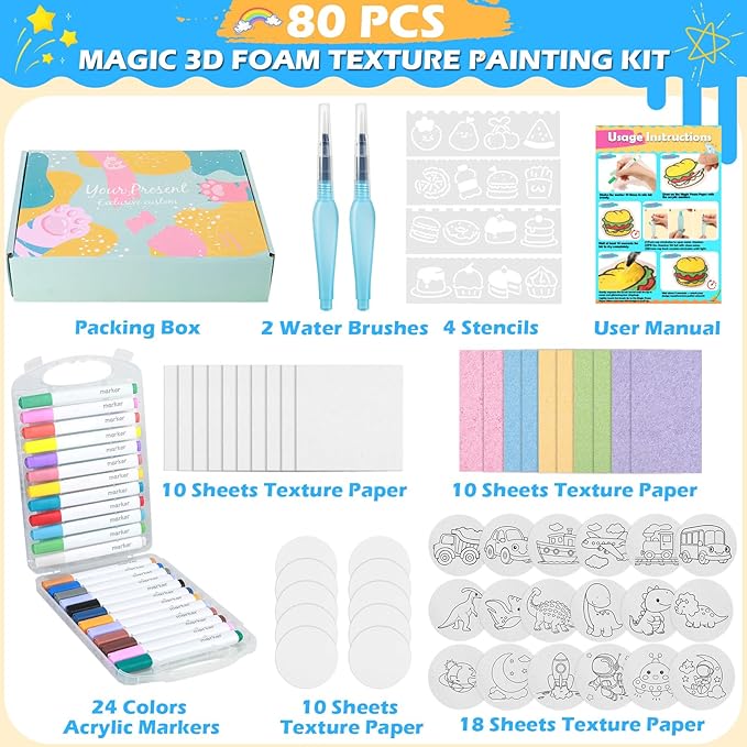 80 Pcs Magic 3D Foam Texture Painting Kit, Magic Puffy Paint Kit, Including 48 Pcs Foam Texture Paper, 24 Colors Acrylic Marker Pen, 4 Drawing Templates, 2 Water Brushes, Art Painting Kits (Blue)