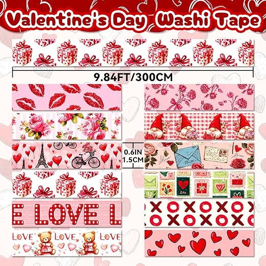 12 Rolls Valentine's Day Washi Tape Set, Pink & Red Hearts Decorative Tape Love Letters Roses Masking Tape for Journaling Supplies, Junk Journal, Scrapbooking, DIY Arts & Crafts, Gift Wrapping