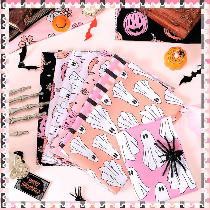 Hahafelt 10 Pcs 18 x 22 Inch Pink Ghost Halloween Quilting Fabric Squares Ghost Floral Fabric Bundles Pumpkin Flower Fat Quarters Pink Black Skull for Halloween DIY Craft Sewing Handmade