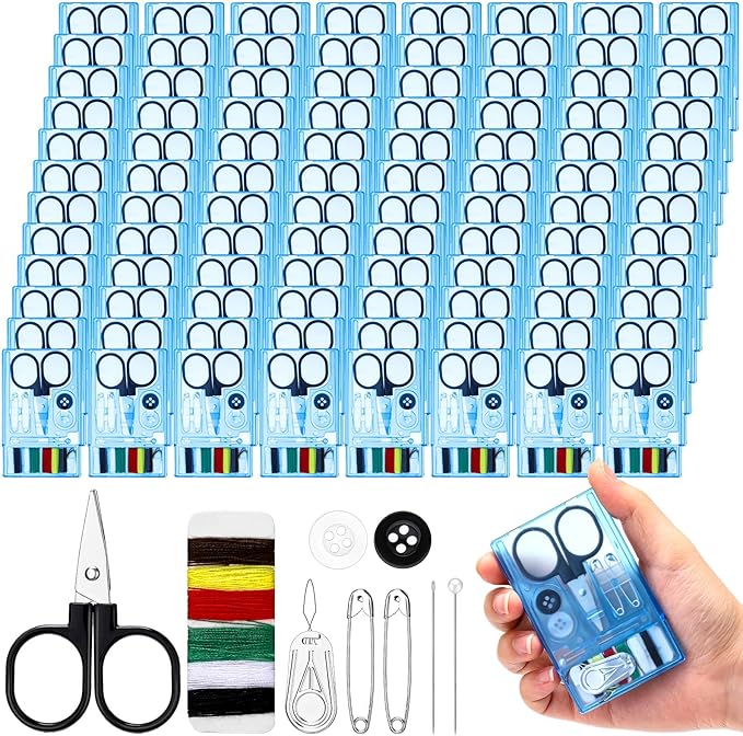 Knitgrip 100 Boxes Mini Travel Sewing Kit Quick Fix Sewing Kits Bulk Basic Portable Pre Threaded Needle Emergency Repair Tool for Christmas Gifts Beginner Traveler Home Hotel (Blue)