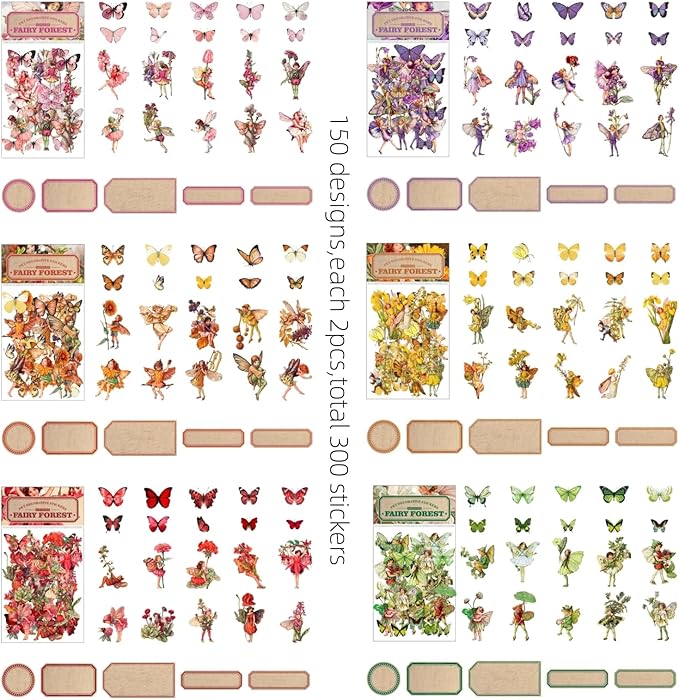 Vintage Flower Fairy Stickers 300Pcs Lot, Belebee 6 Packs Butterfly Fantasy Transparent Sticker for Scrapbooking Junk Journaling Paper Art Crafts Project Planner Album Diary Phone Cases Laptop Adult