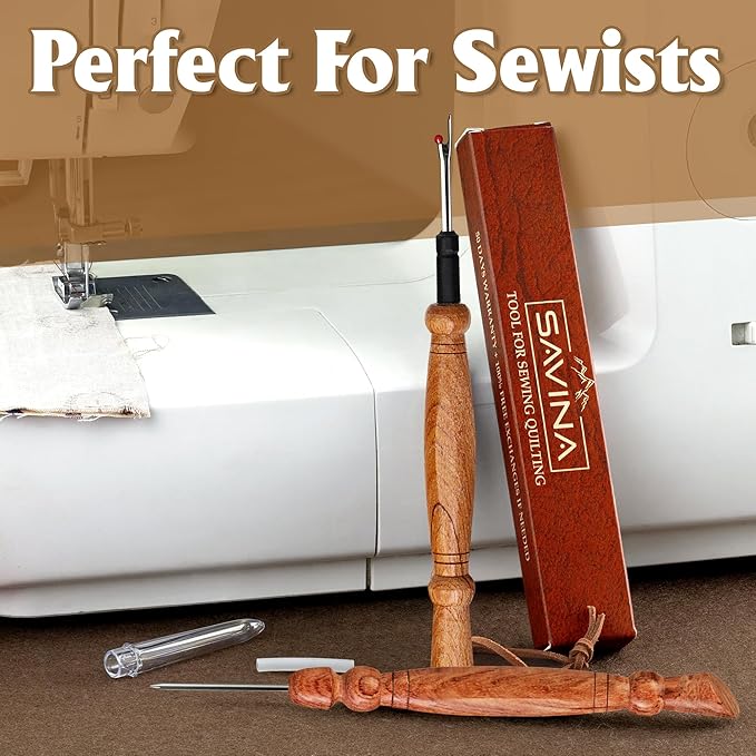 Savina Seam Rippers & Stiletto for Sewing/Quilting, Thread Ripping Tool, Presser - Precision Placement Tool for Getting Seams to Lay Correctly - Wooden Sewing Quilting Tools Set