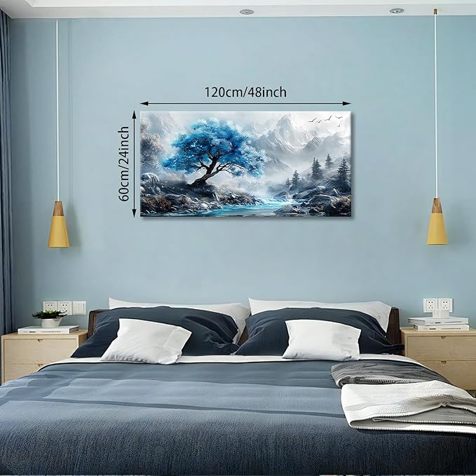 WENTIAO Canvas Wall Art For Living Room, Large Blue Lakeside Forest Wall Decor For Bedroom Painting Mountain Fog Landscape Wall Pictures Artwork Office Frame Canvas Art Modern Home Decoration 60X120cm