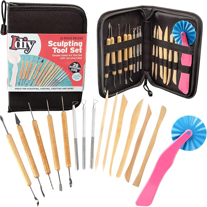 Pottery Tool Starter Kit- 15-Piece 26-Tool Beginner's Clay Ceramics Modeling Carving Sculpting Set- Arts & Crafts School Project, w Carrying Case, Birthday Gift for Kids, Holiday Gift Set for Artists